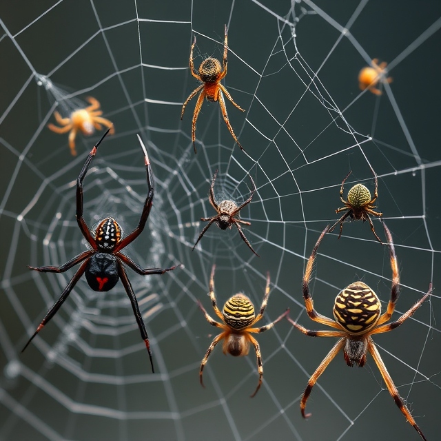 Various fascinating arachnids including house spiders and black widows in their natural habitat, showcasing effective spider control solutions