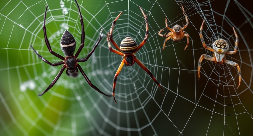 Various fascinating arachnids including house spiders and black widows in their natural habitat, showcasing effective spider control solutions