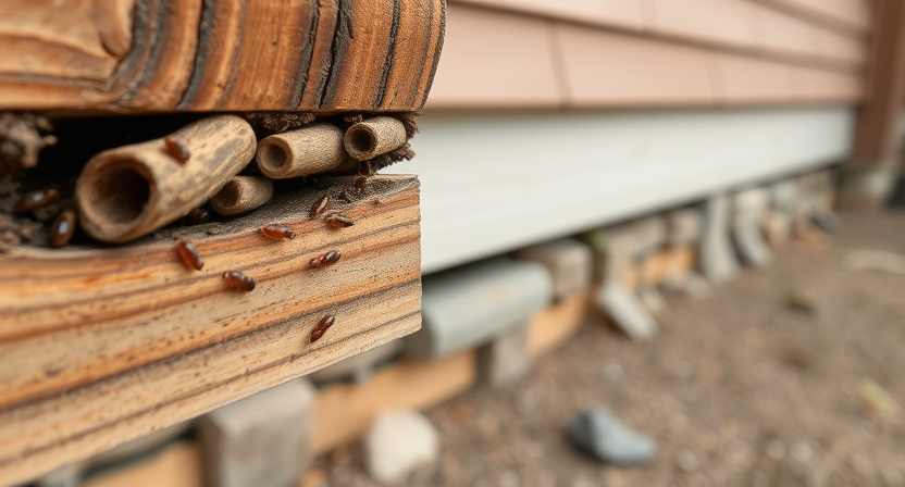 Close-up of wooden beam showing termite damage, including mud tubes and hollowed-out areas, indicating an active infestation