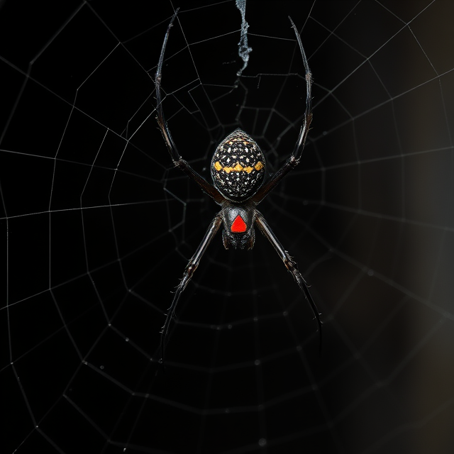 Close-up of a Black Widow spider with red hourglass marking on its abdomen in its natural web