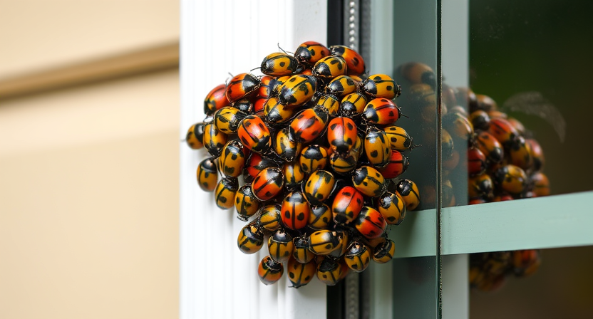 A cluster of Asian lady beetles (Harmonia axyridis) on the side of a house, showcasing their colorful orange-red bodies with black spots and distinctive "M" shaped markings behind their heads