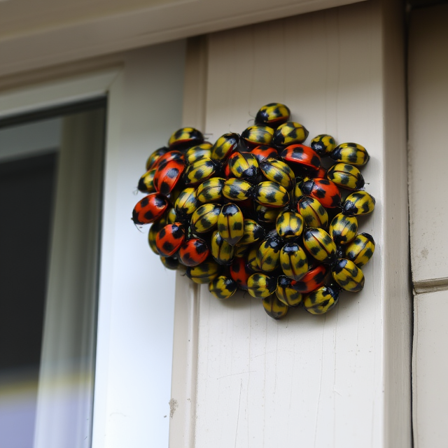 A cluster of Asian lady beetles (Harmonia axyridis) on the side of a house, showcasing their colorful orange-red bodies with black spots and distinctive "M" shaped markings behind their heads