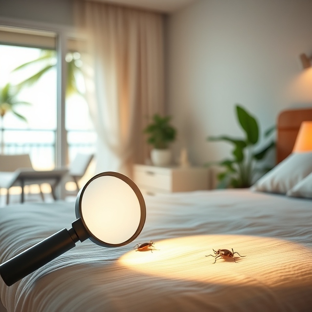 Close-up of a person checking for bed bugs on a mattress with a flashlight, focusing on seams and edges to detect signs of infestation