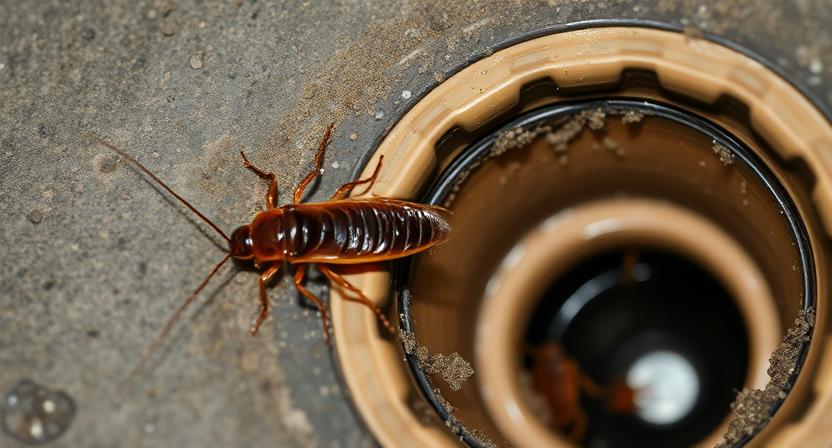 Sticky trap with captured cockroach next to a drain, highlighting inspection areas.